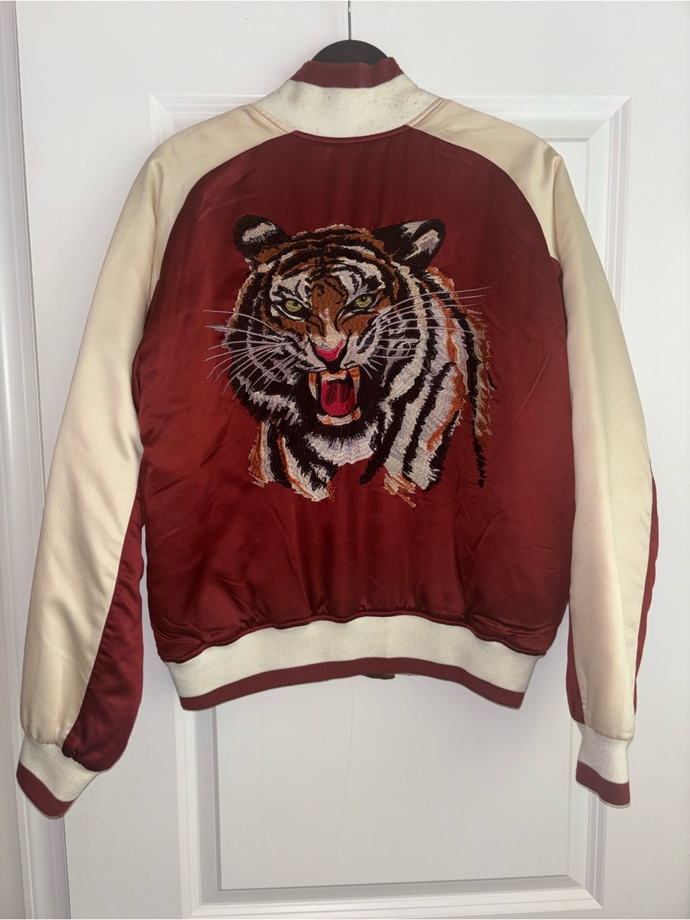 Embroidered Tiger Bomber Jacket in Burgundy and Cream